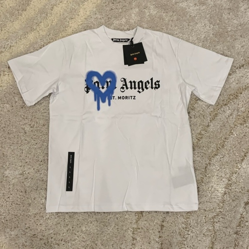 Palm Angels St. Mortiz Sprayed Heart White T-Shirt Mens Size Large